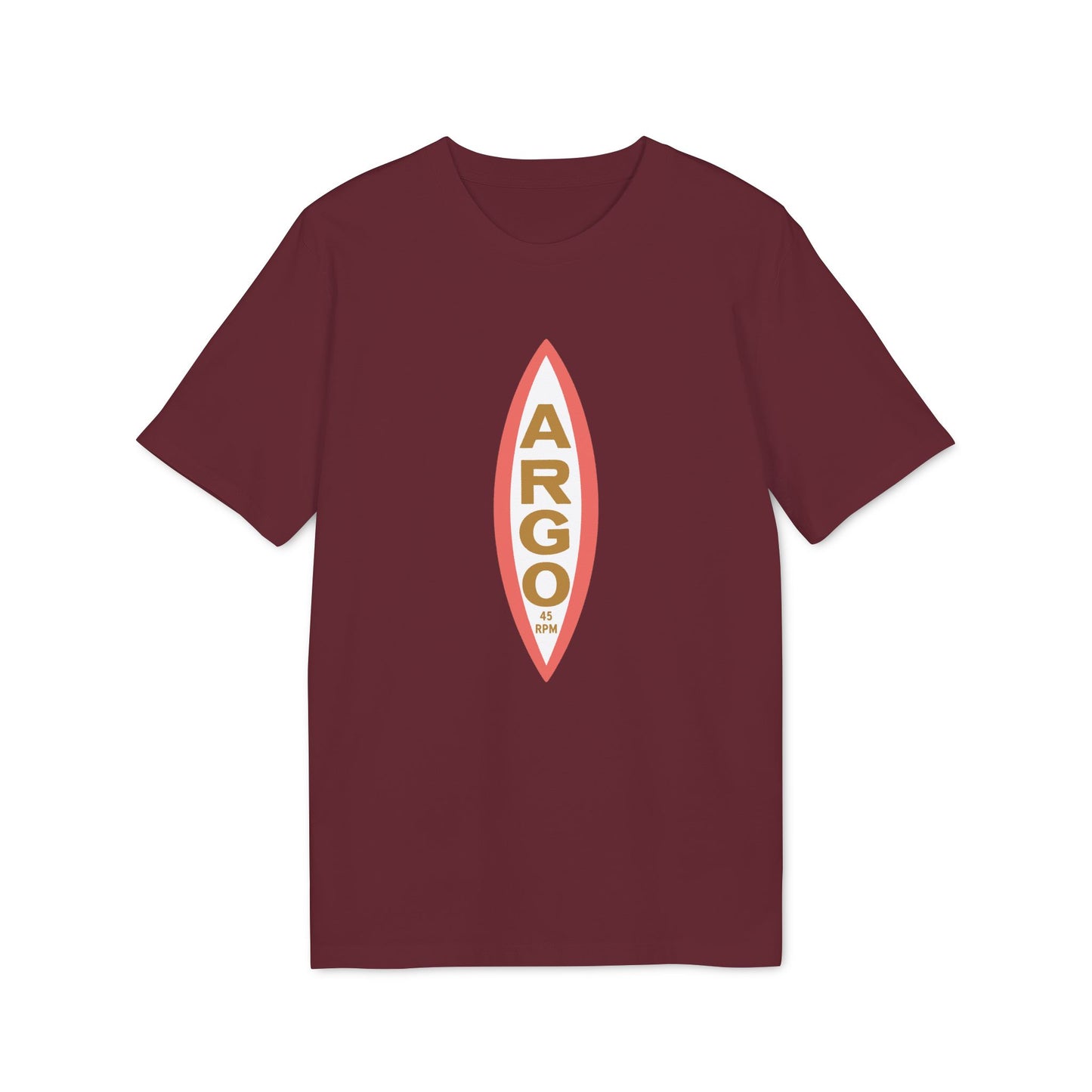 Maroon t-shirt with a vertical oval logo containing "ARGO" and "45 RPM".