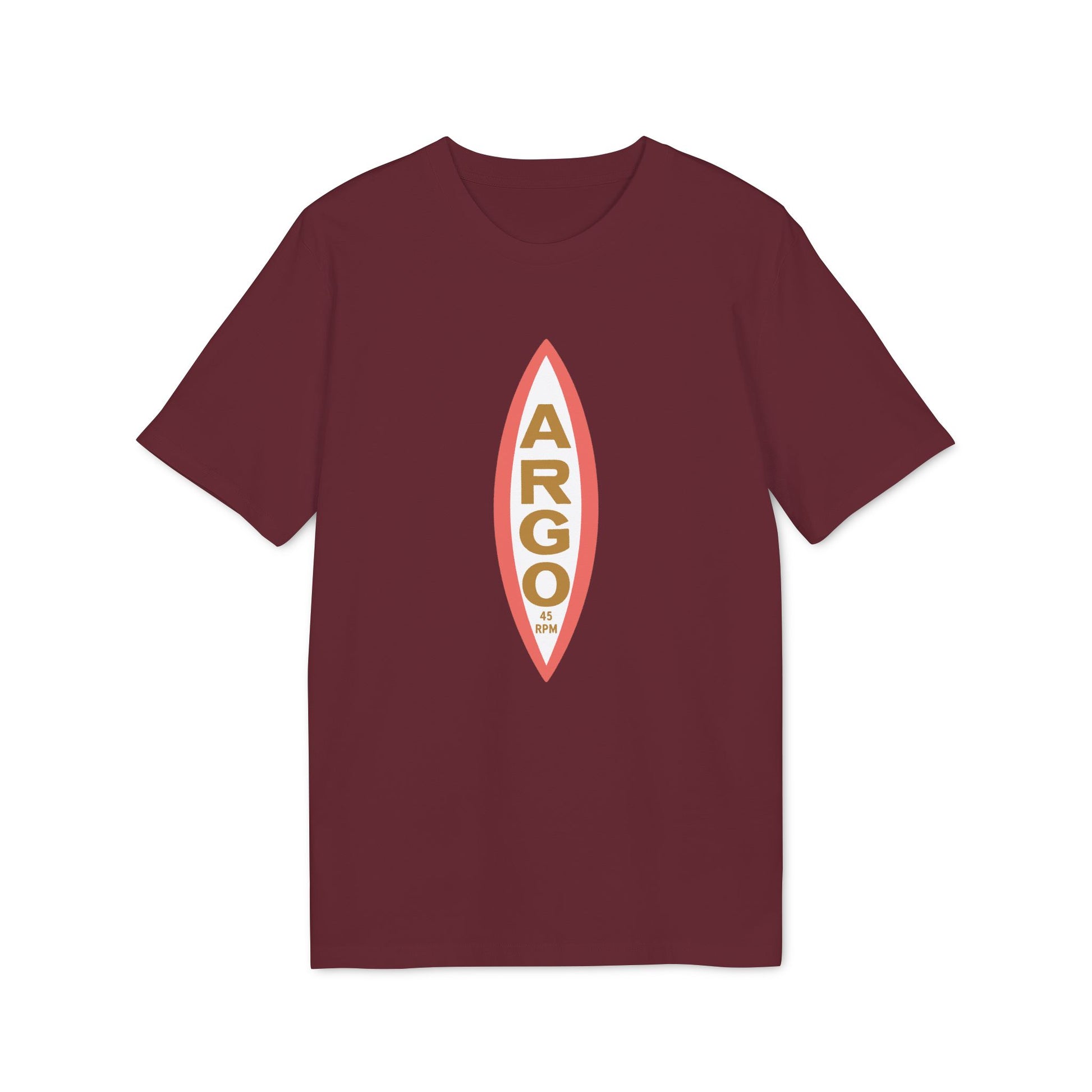 Maroon t-shirt with a vertical oval logo containing "ARGO" and "45 RPM".