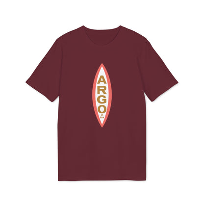 Maroon t-shirt with a vertical oval logo containing "ARGO" and "45 RPM".