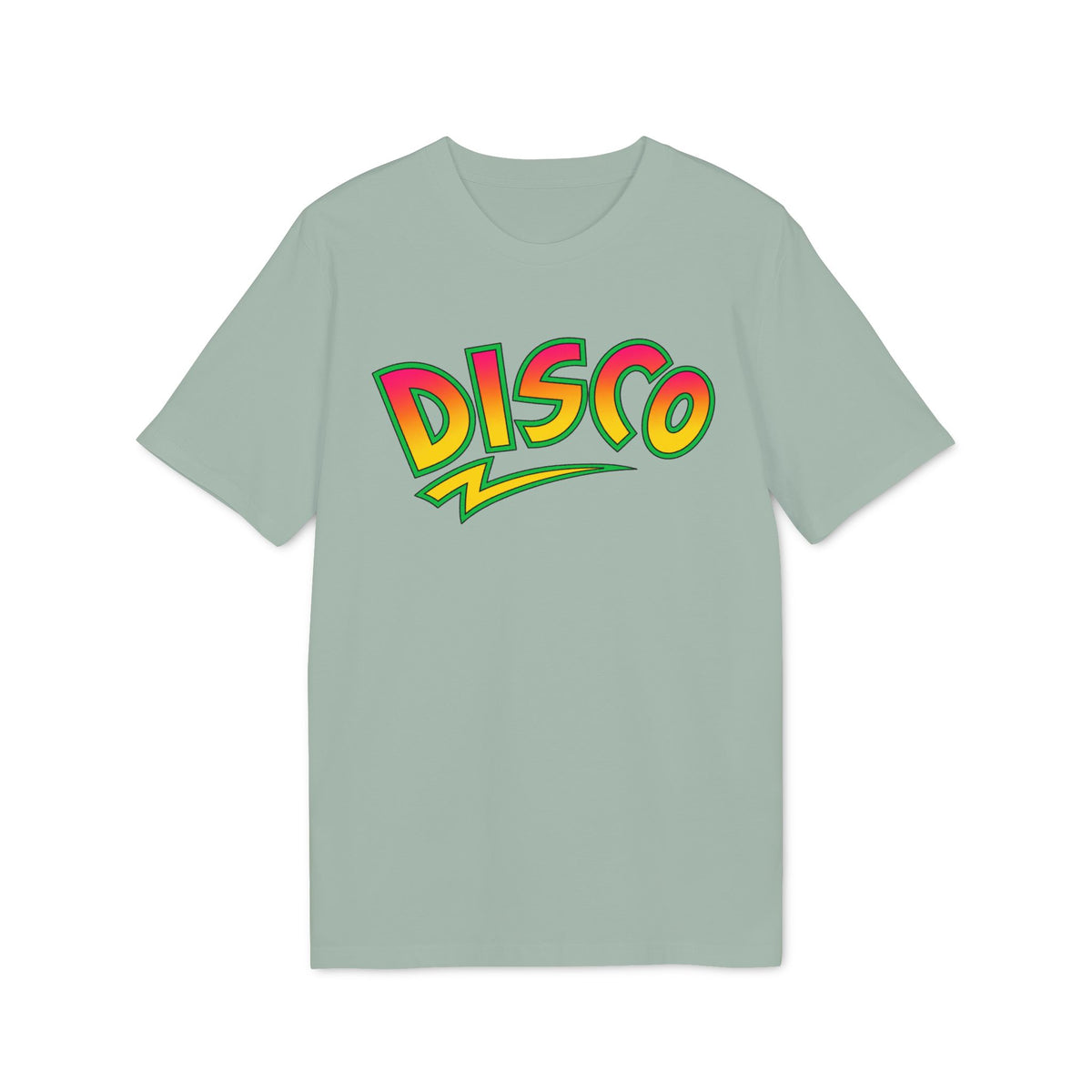 Sage green short-sleeve t-shirt with the word DISCO in colorful retro lettering on the chest.