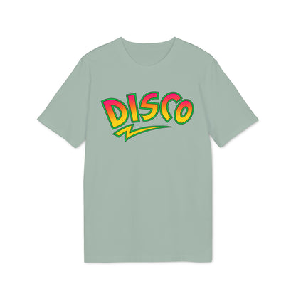 Sage green short-sleeve t-shirt with the word DISCO in colorful retro lettering on the chest.