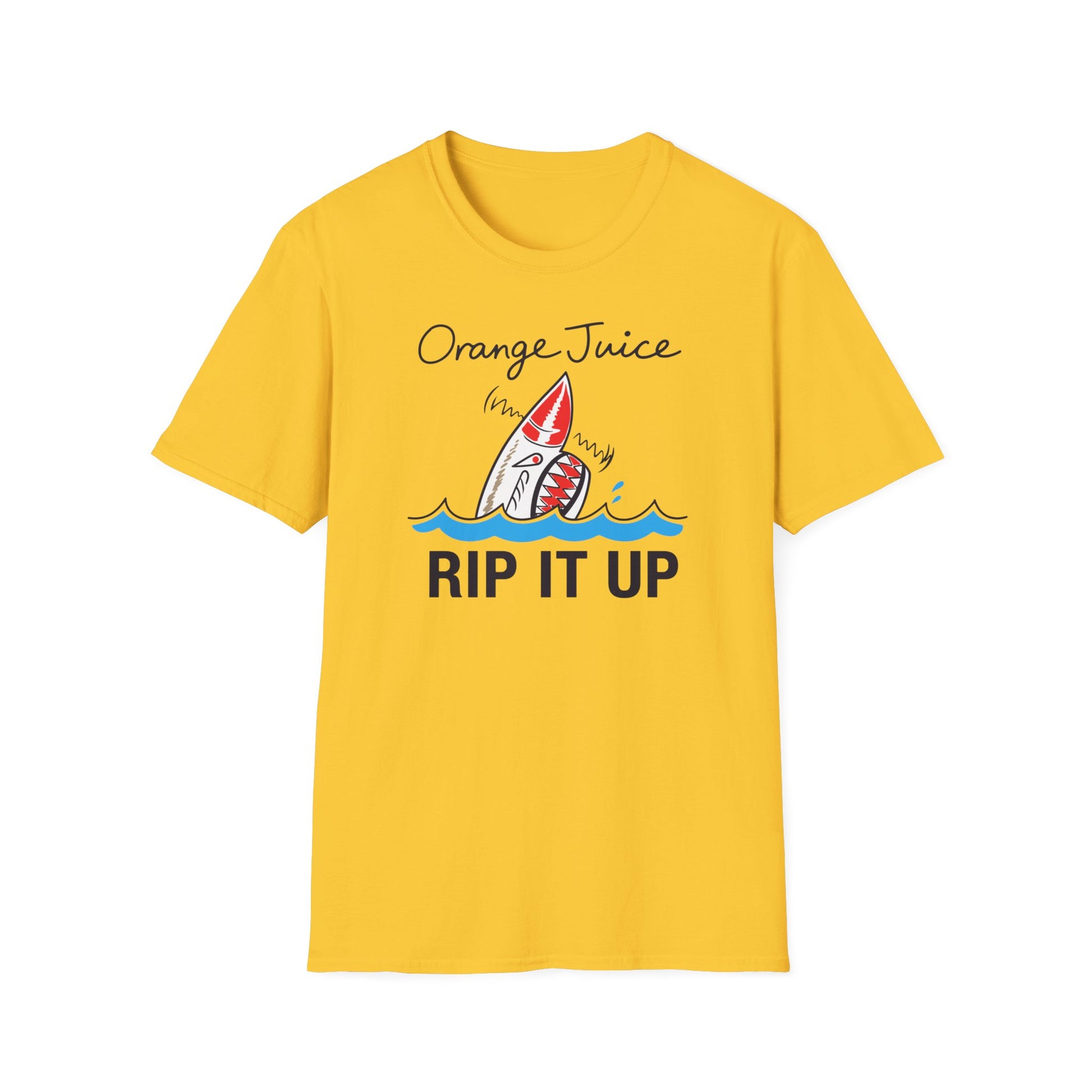 Yellow t-shirt with "Orange Juice RIP IT UP" text and a shark graphic.