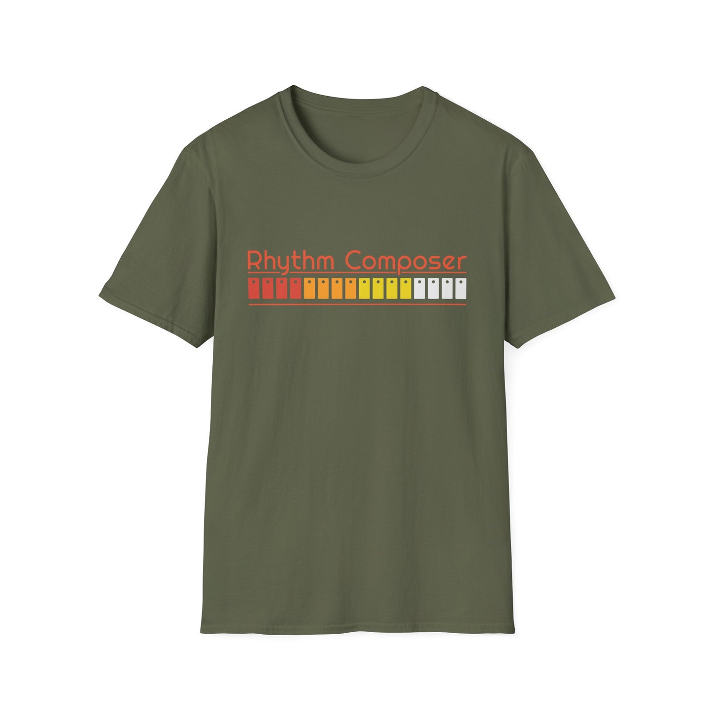 Green t-shirt with orange text "Rhythm Composer" above a colorful sequencer graphic.