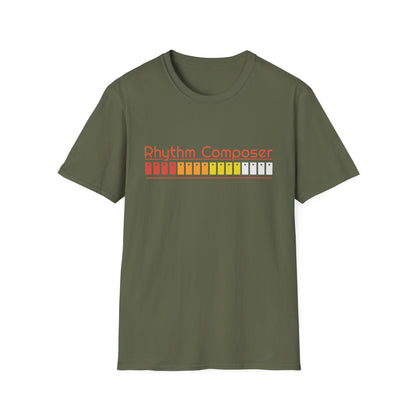 Green t-shirt with orange text "Rhythm Composer" above a colorful sequencer graphic.