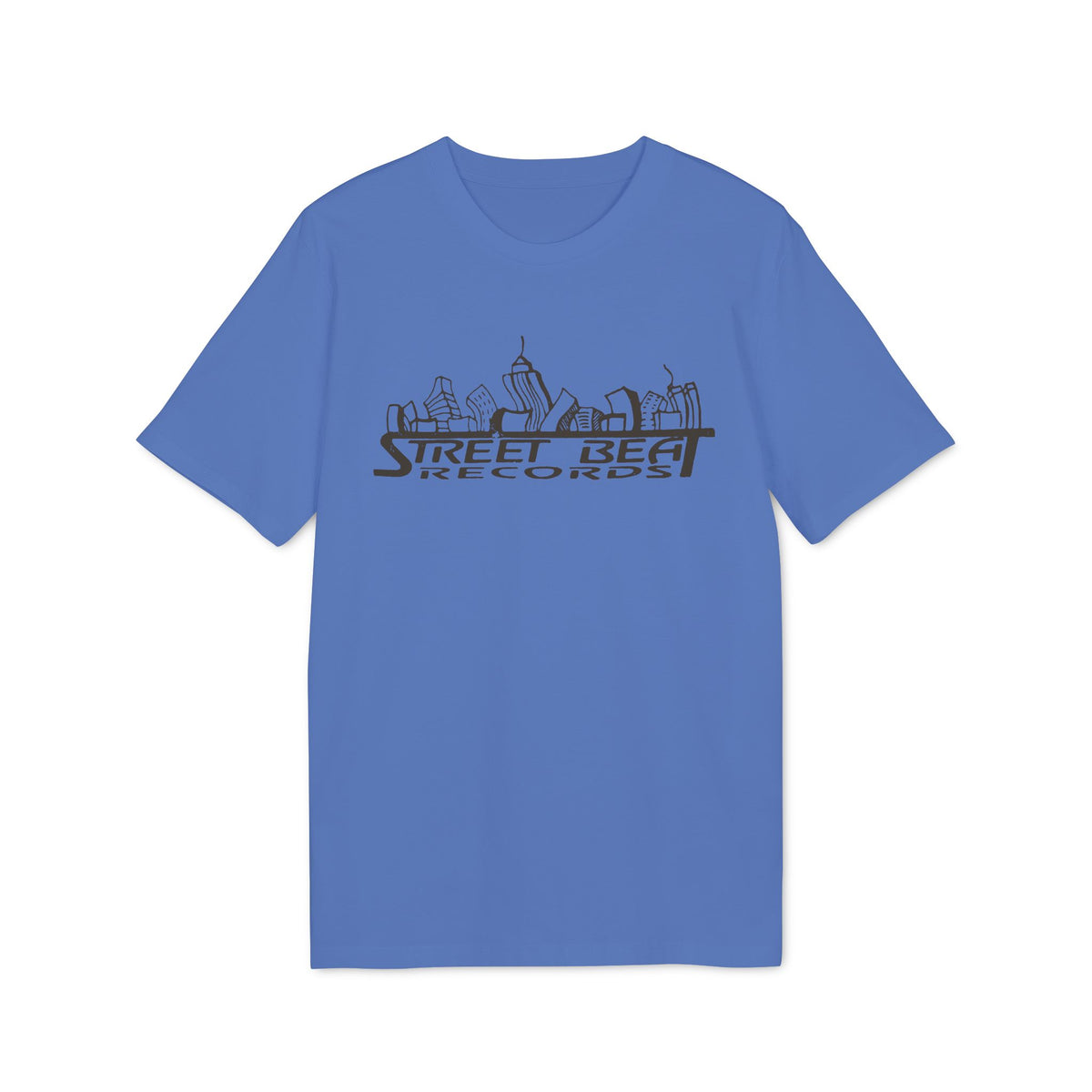 Blue t-shirt featuring a black city skyline graphic with the text STREET BEAT RECORDS.
