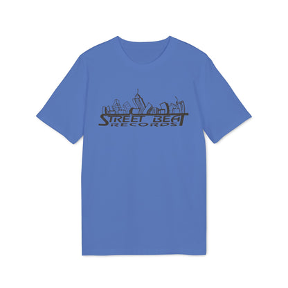 Blue t-shirt featuring a black city skyline graphic with the text STREET BEAT RECORDS.