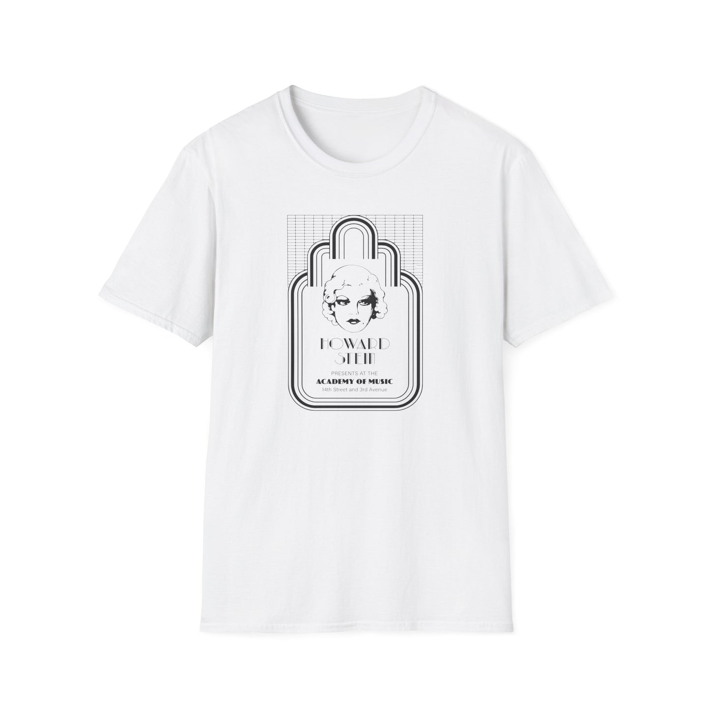 White t-shirt with "Howard Stein Presents at the Academy of Music" graphic.