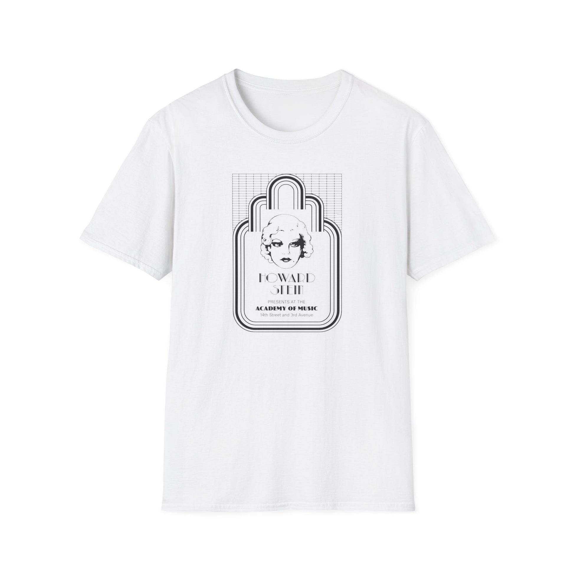 White t-shirt with "Howard Stein Presents at the Academy of Music" graphic.