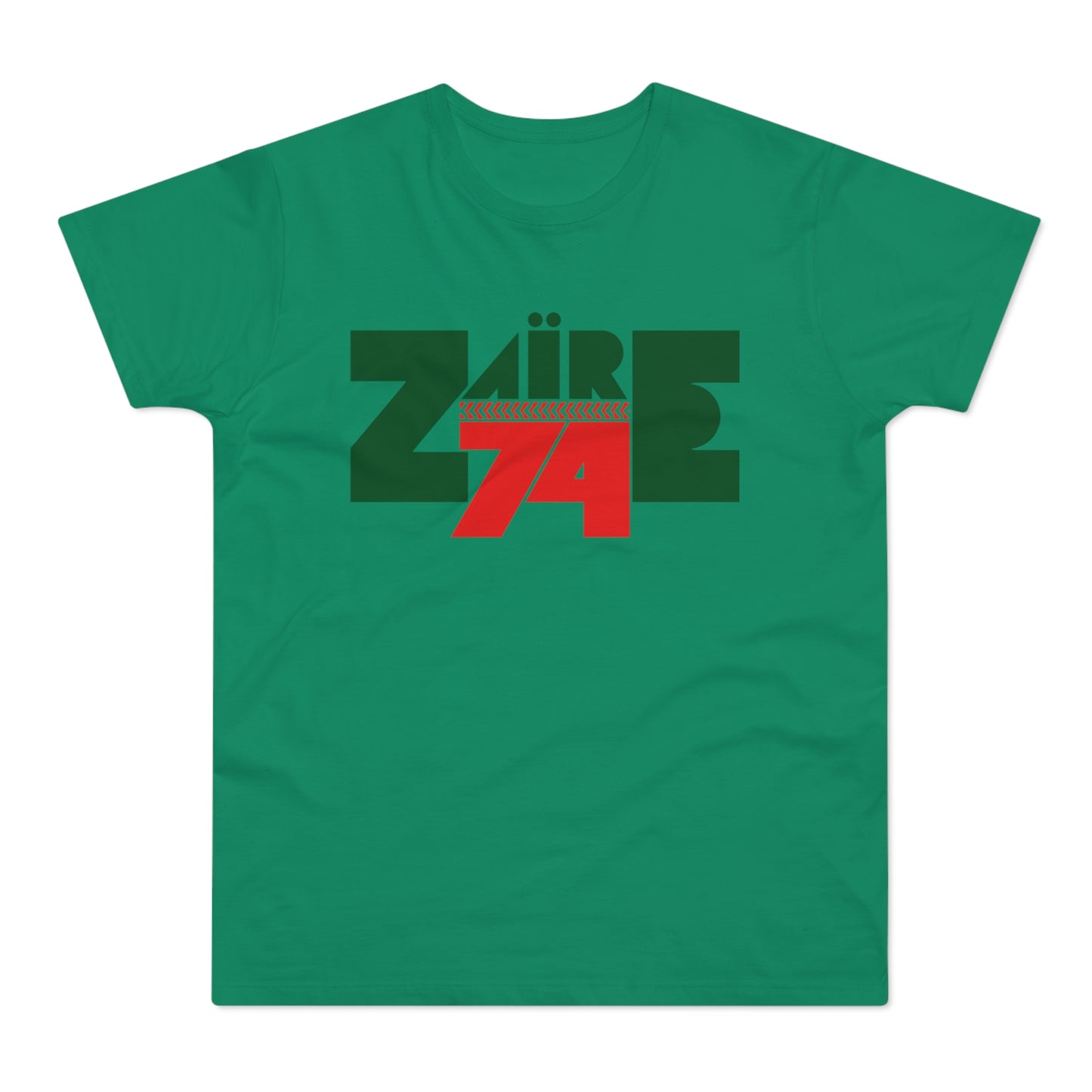 Green t-shirt with dark green and red "ZAIRE 74" graphic.