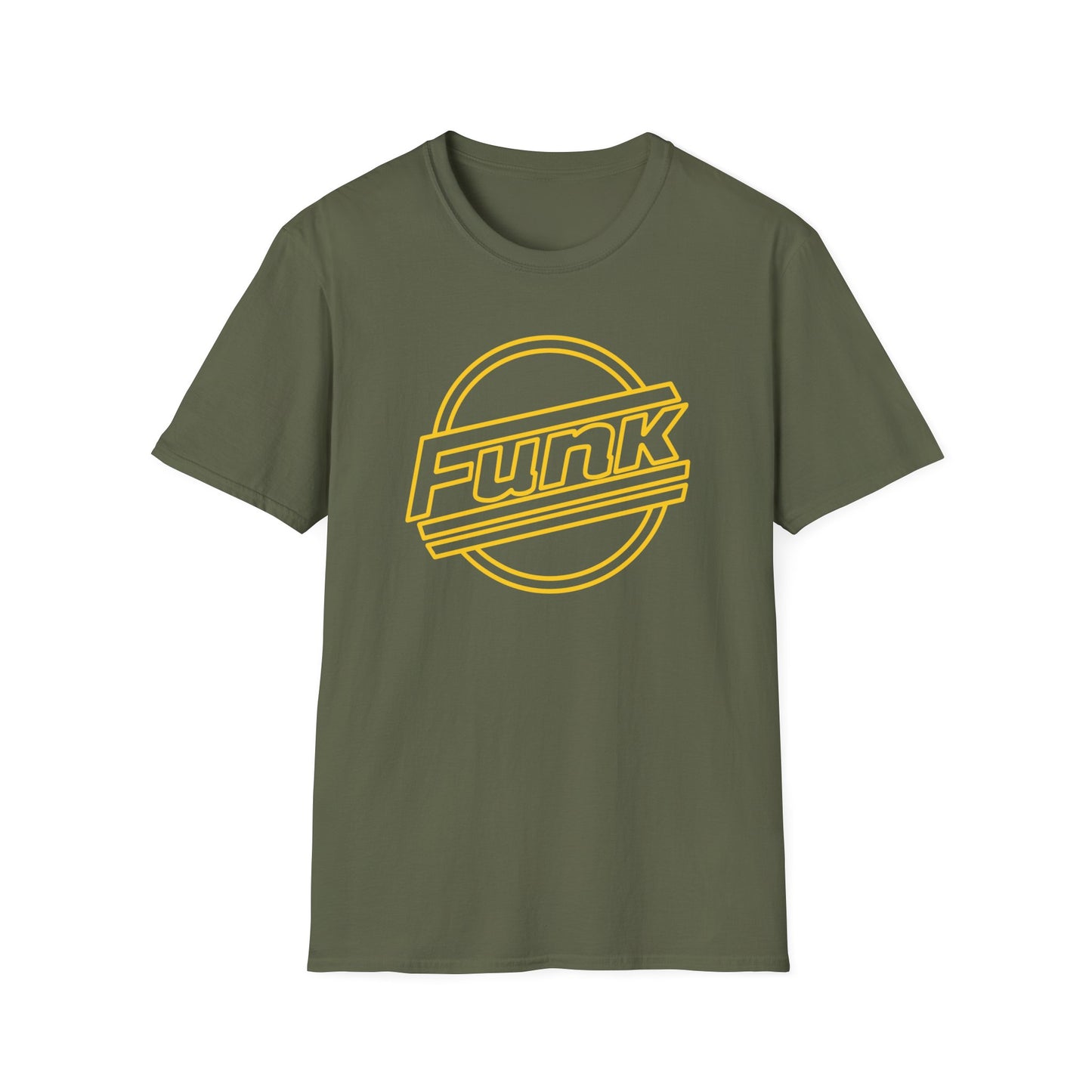 Olive green t-shirt with yellow "Funk" logo inside a circle and diagonal lines.