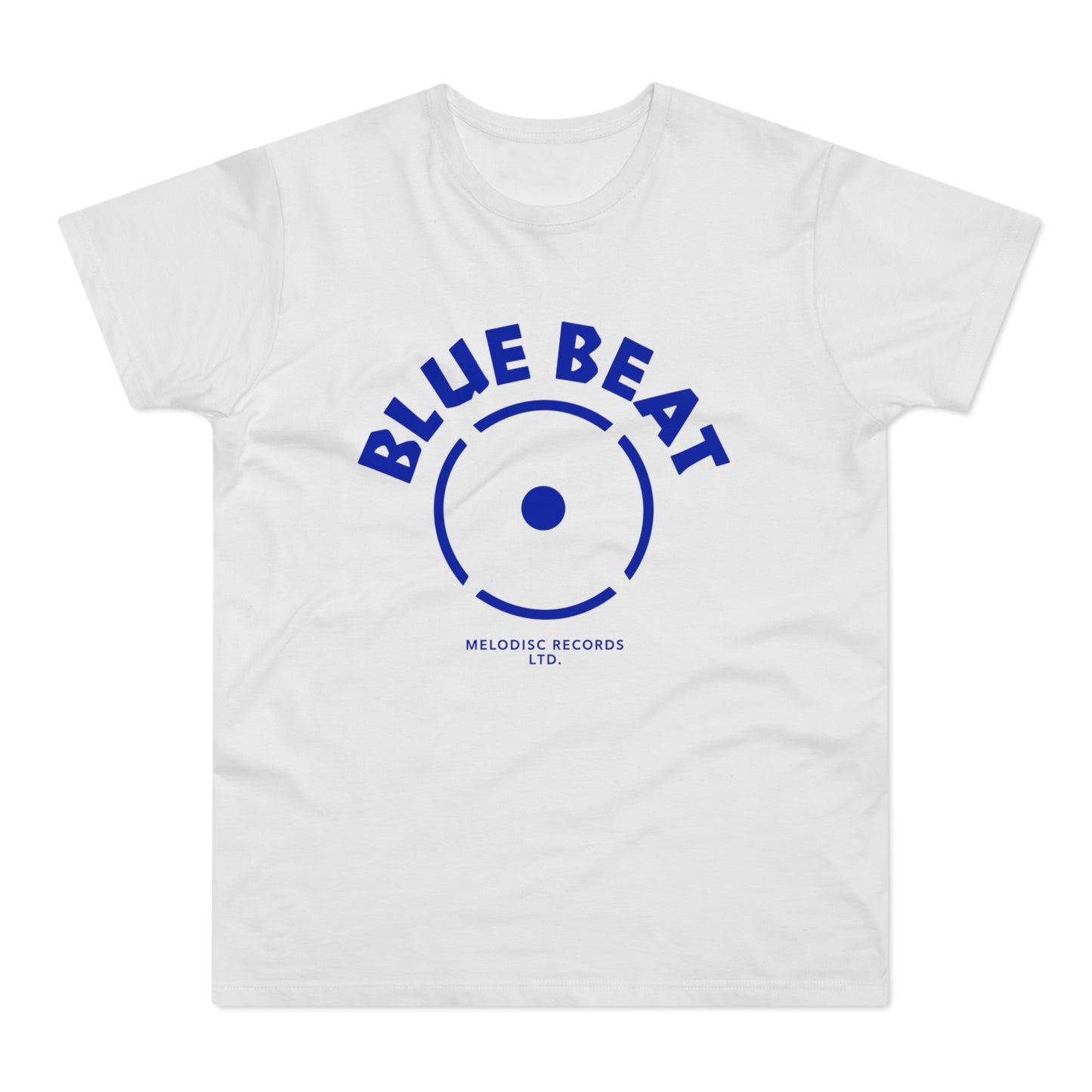 White t-shirt with blue "BLUE BEAT" text and Melodisc Records logo.