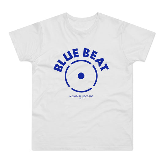 White t-shirt with blue "BLUE BEAT" text and Melodisc Records logo.