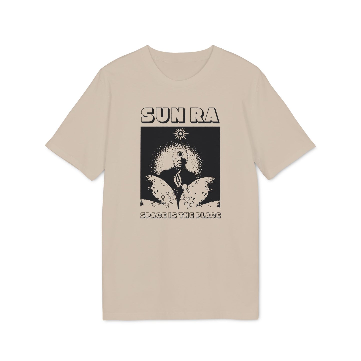 Tan t-shirt with "SUN RA SPACE IS THE PLACE" graphic.