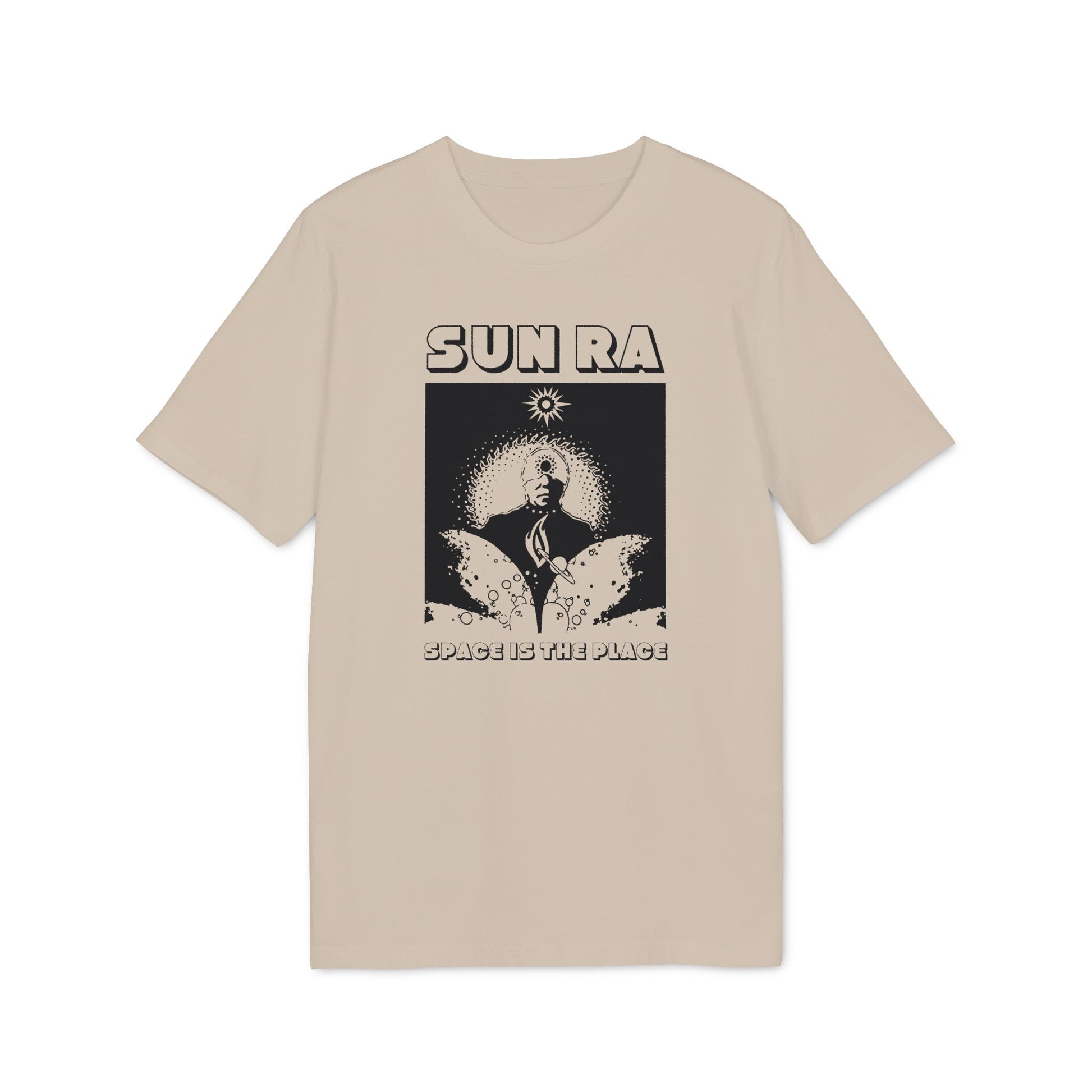 Tan t-shirt with "SUN RA SPACE IS THE PLACE" graphic.