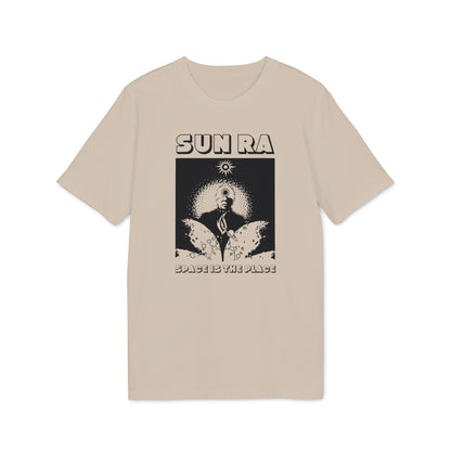 Tan t-shirt with "SUN RA SPACE IS THE PLACE" graphic.