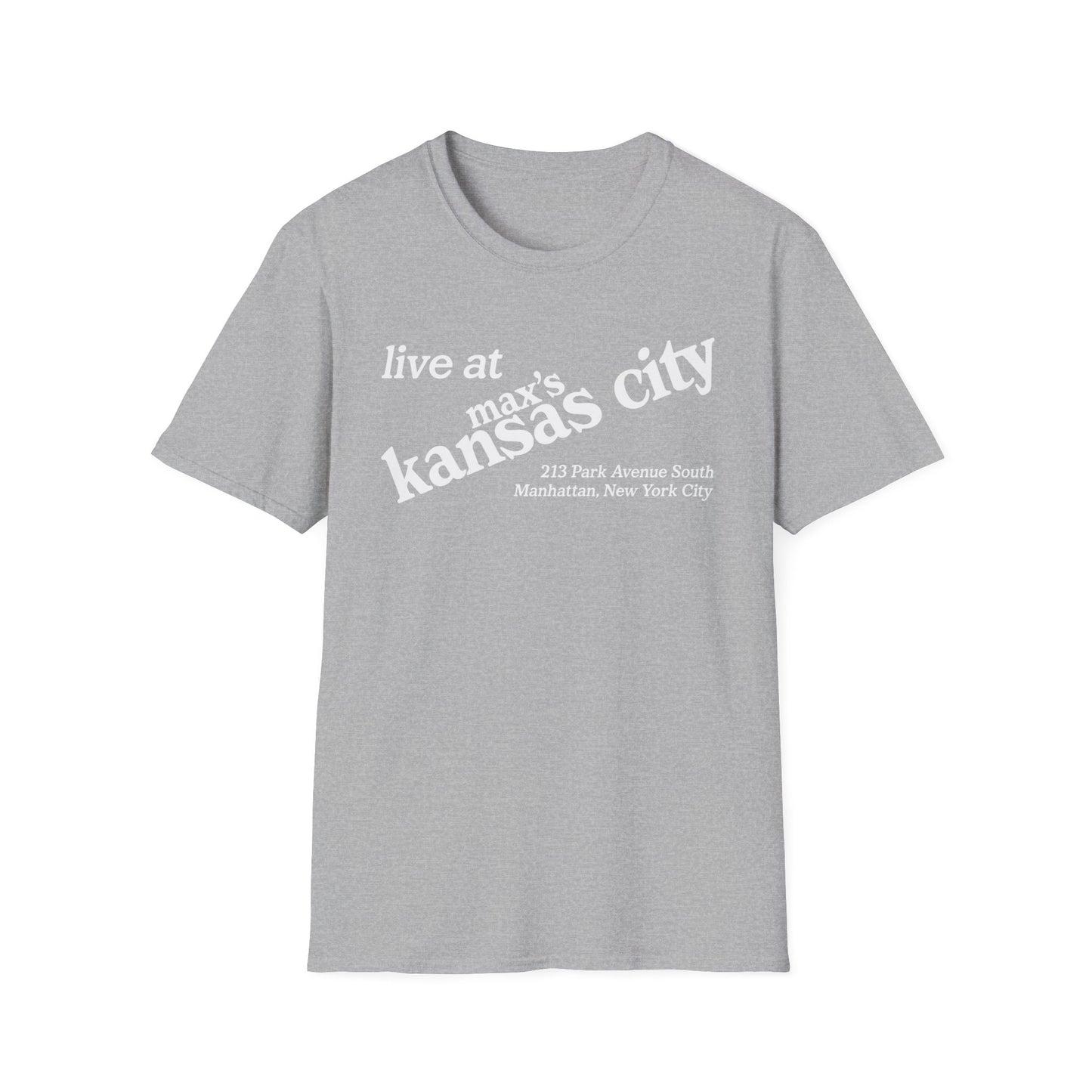 Grey t-shirt with "live at max's kansas city" and address text.