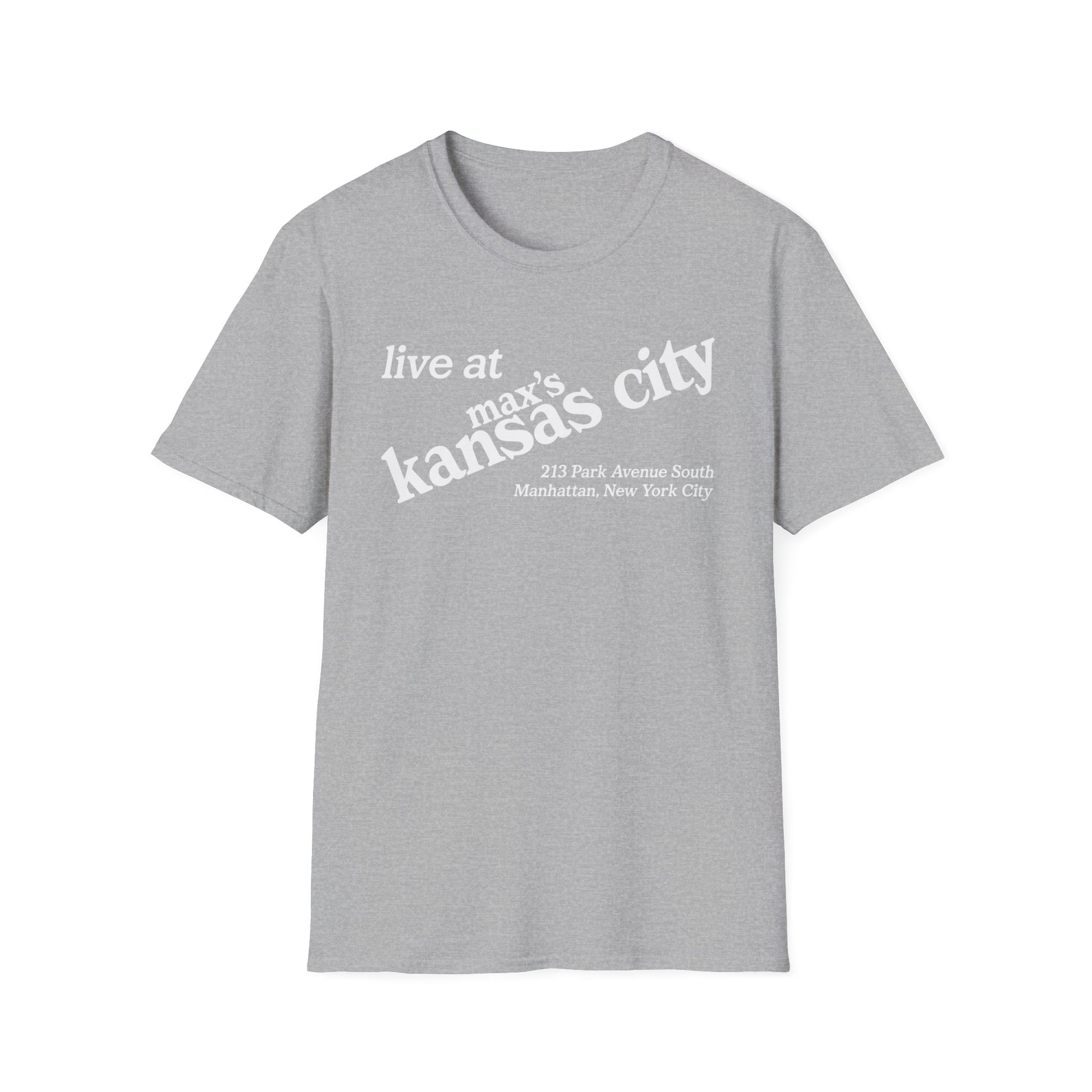 Grey t-shirt with "live at max's kansas city" and address text.