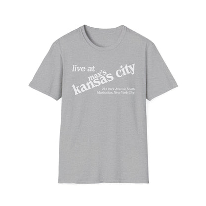 Grey t-shirt with "live at max's kansas city" and address text.