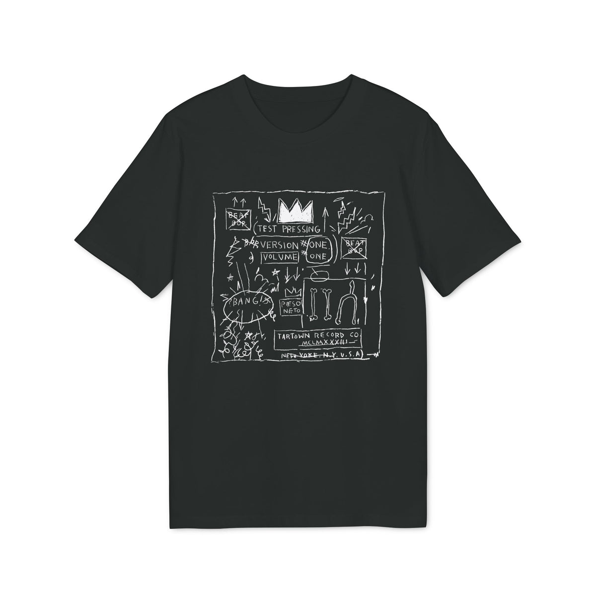 A black crewneck t-shirt featuring a white graphic print of abstract doodles, text, and a crown motif.