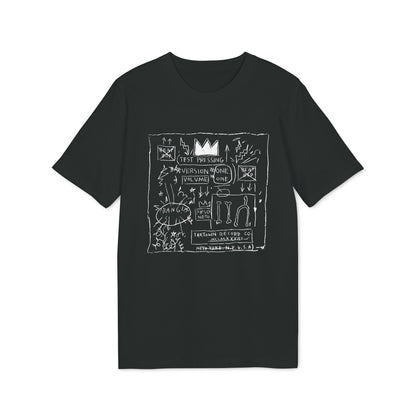 A black crewneck t-shirt featuring a white graphic print of abstract doodles, text, and a crown motif.