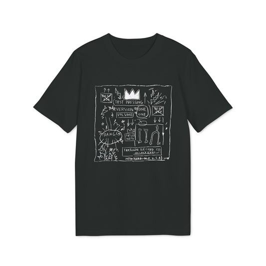 A black crewneck t-shirt featuring a white graphic print of abstract doodles, text, and a crown motif.