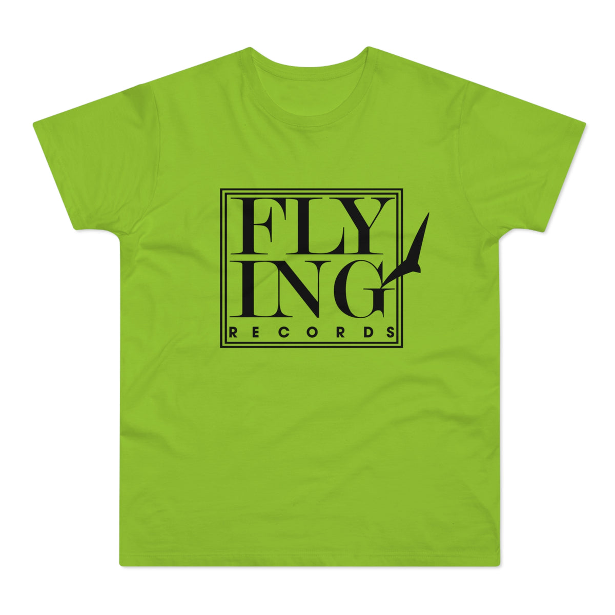 Lime green t-shirt with black "FLYING RECORDS" text and bird graphic.