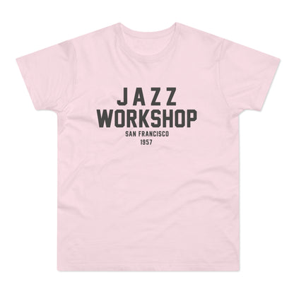 Pink t-shirt with black text: JAZZ WORKSHOP SAN FRANCISCO 1957.