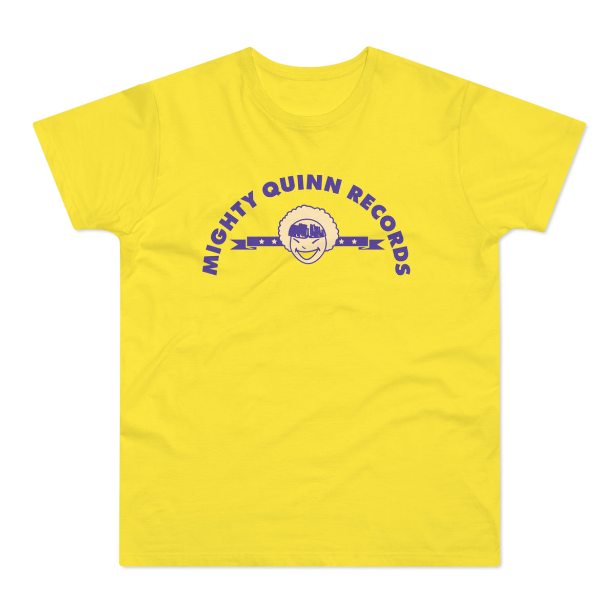 Yellow t-shirt with purple text "MIGHTY QUINN RECORDS" and a cartoon face.