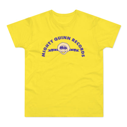 Yellow t-shirt with purple text "MIGHTY QUINN RECORDS" and a cartoon face.