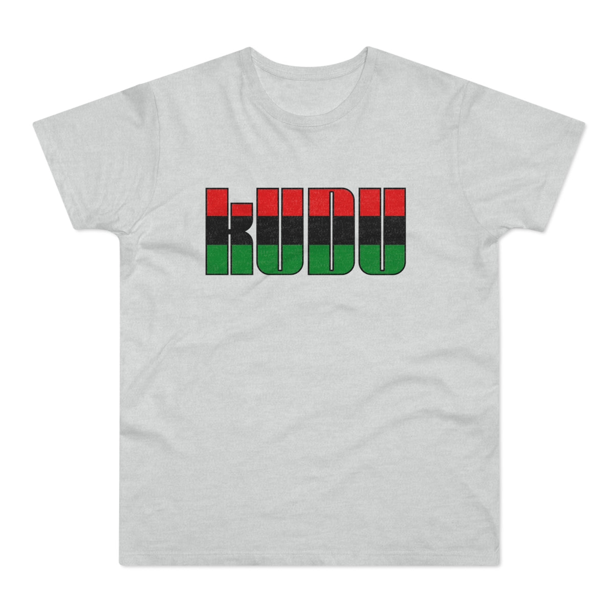 A light gray crewneck t-shirt featuring the word KUDU in red, black, and green.