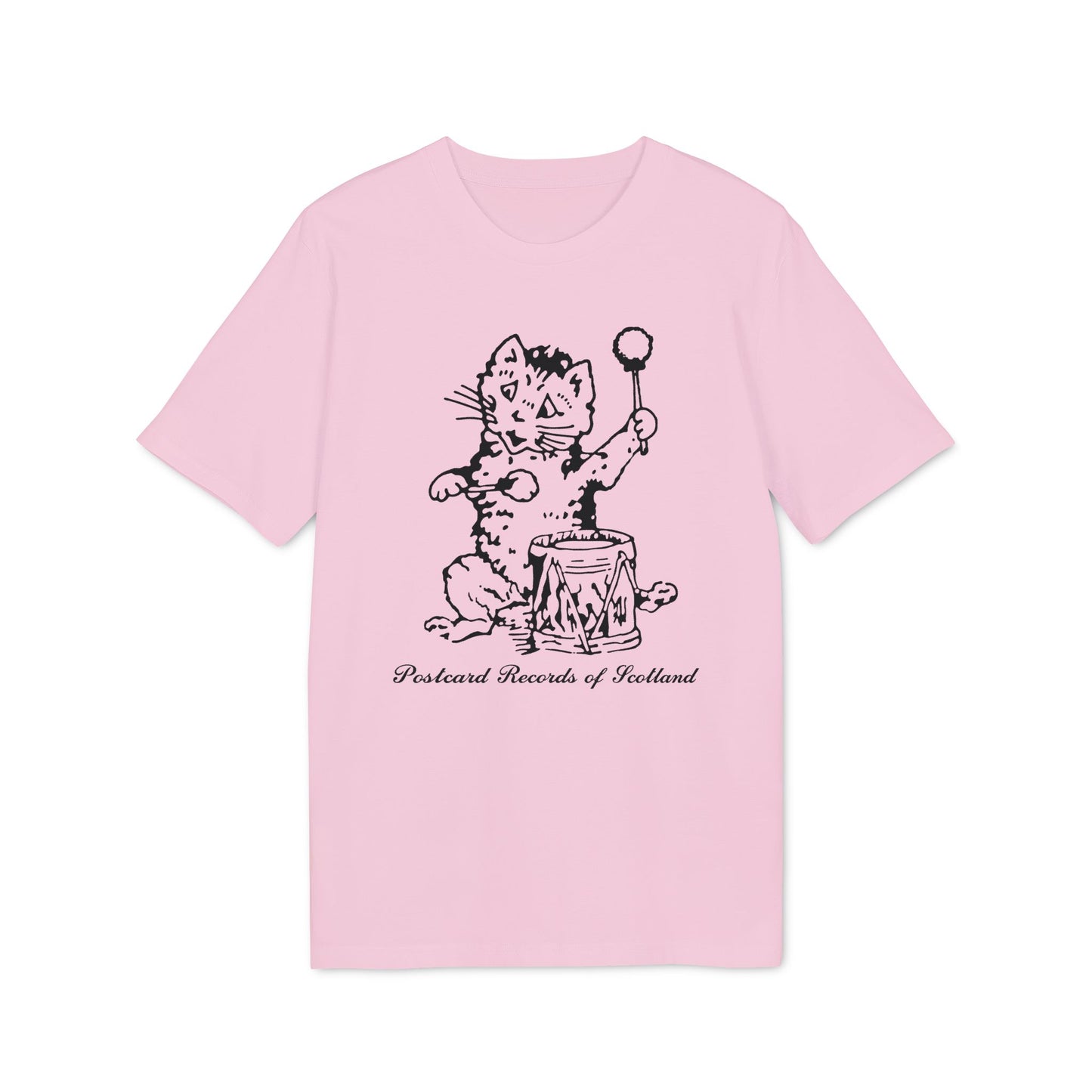 Pink t-shirt with black illustration of a cat playing a drum, reading "Postcard Records of Scotland".