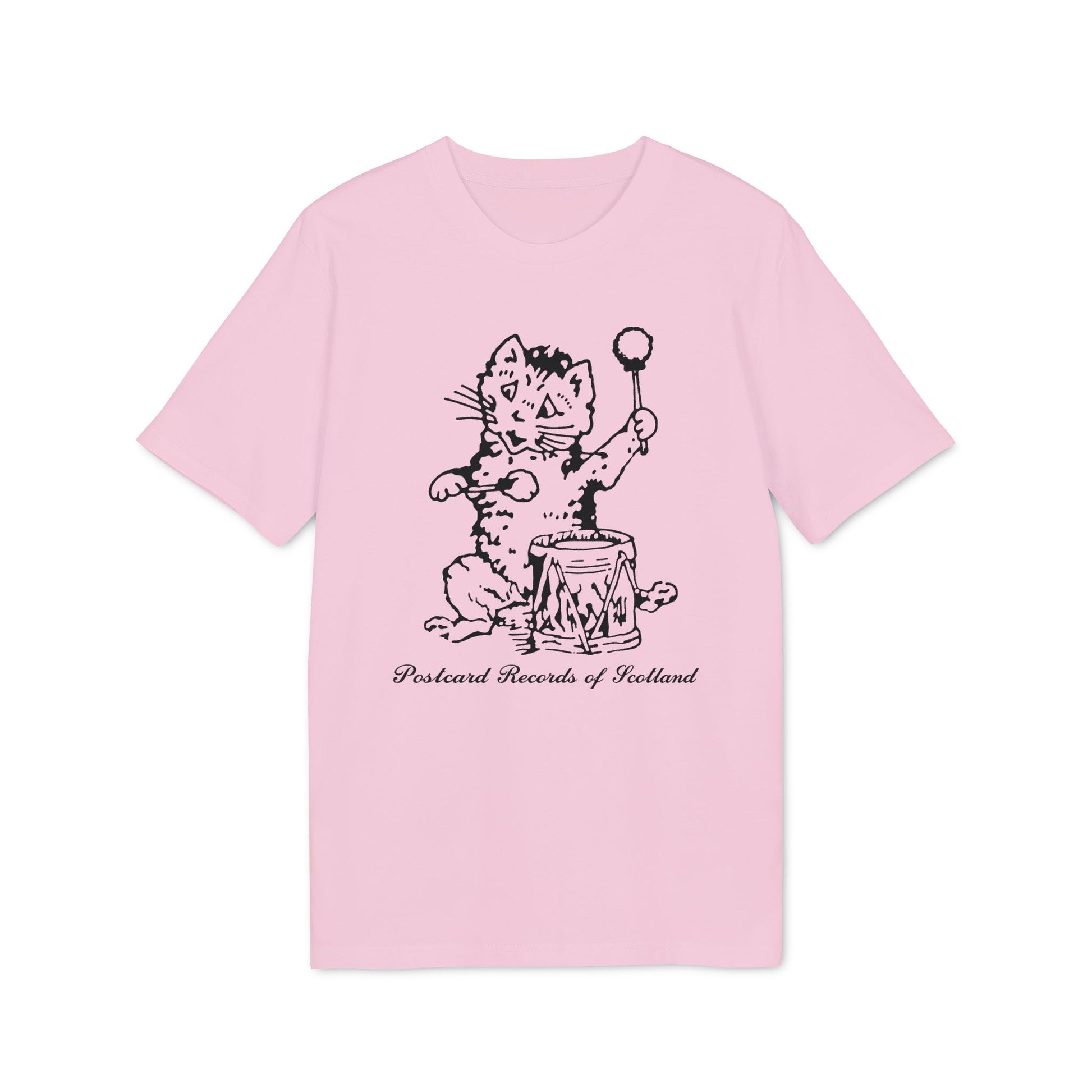 Pink t-shirt with black illustration of a cat playing a drum, reading "Postcard Records of Scotland".