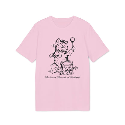 Pink t-shirt with black illustration of a cat playing a drum, reading "Postcard Records of Scotland".