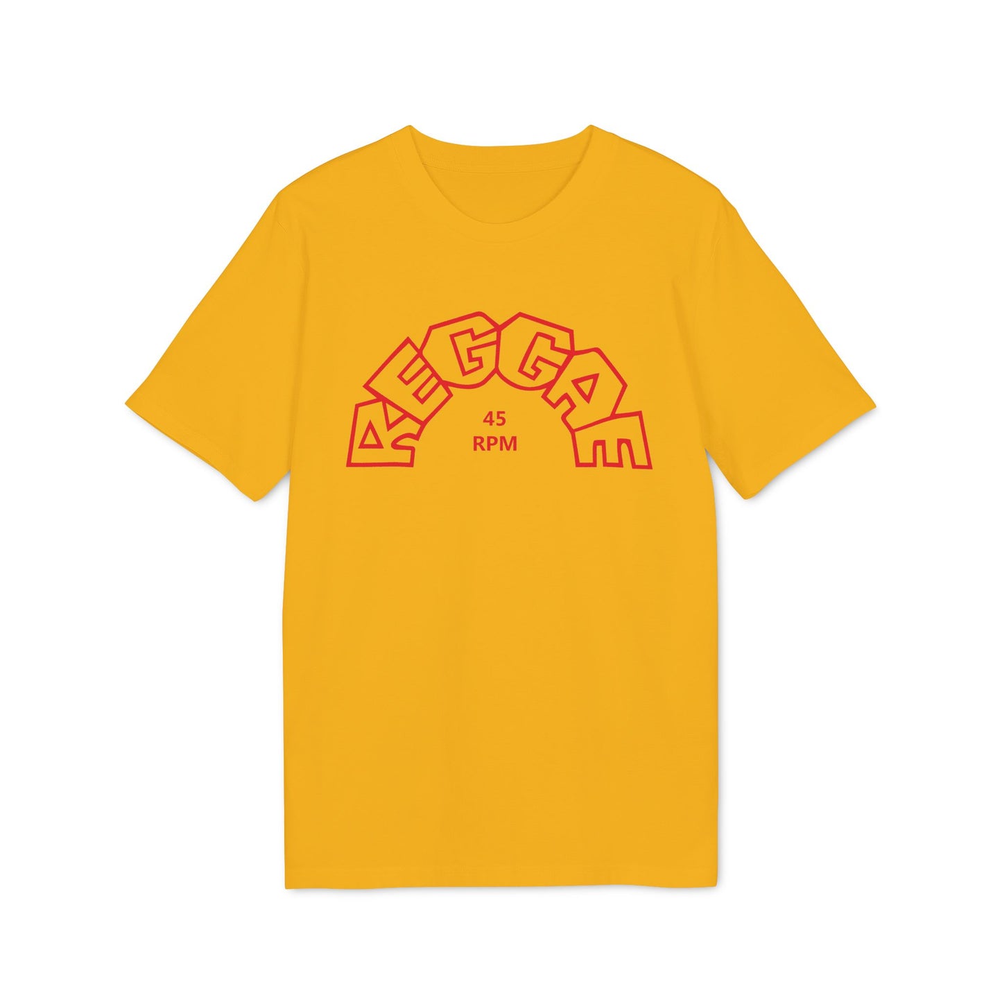 Yellow t-shirt with red "REGGAE" text and "45 RPM" in a vinyl record design.