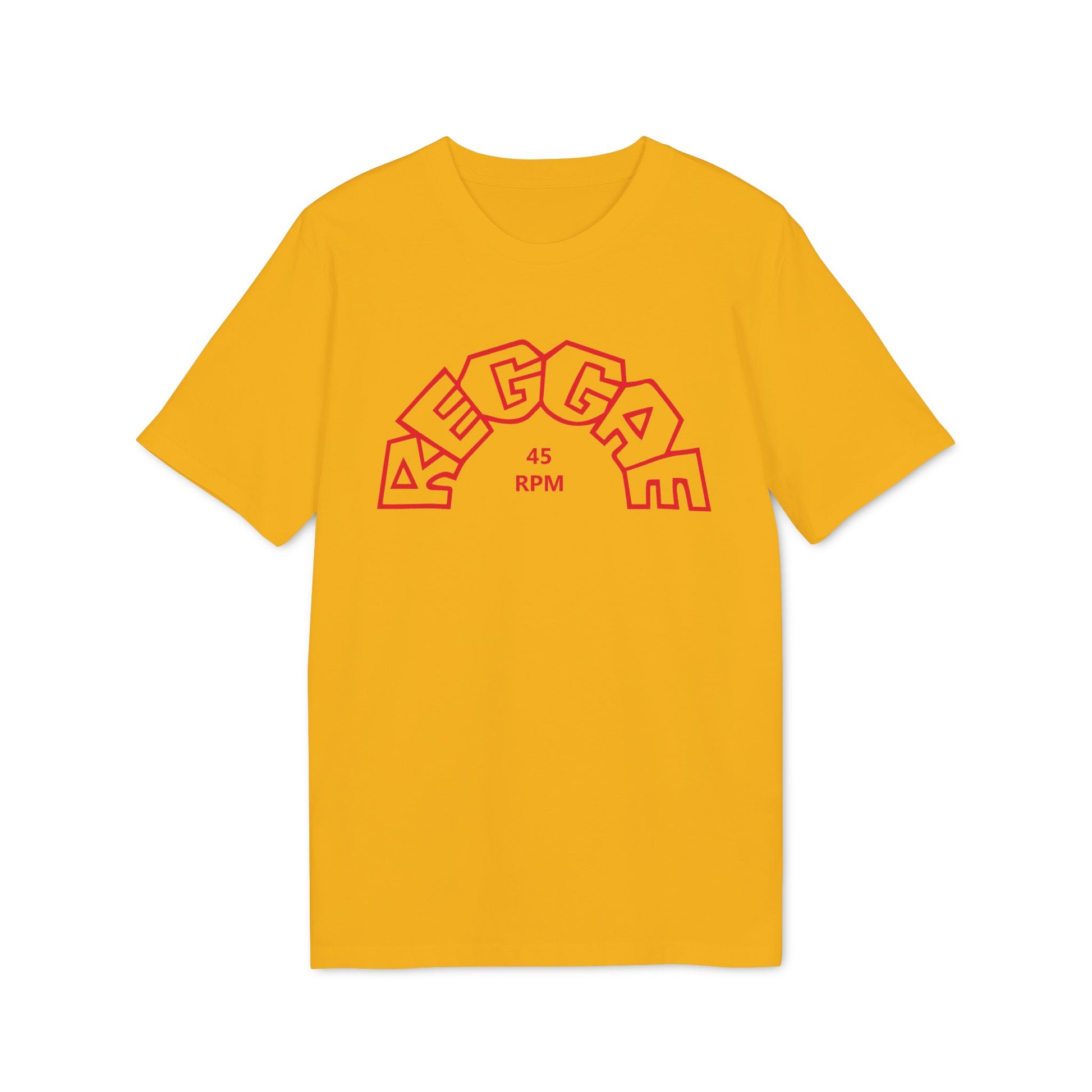 Yellow t-shirt with red "REGGAE" text and "45 RPM" in a vinyl record design.