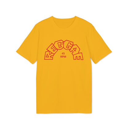 Yellow t-shirt with red "REGGAE" text and "45 RPM" in a vinyl record design.