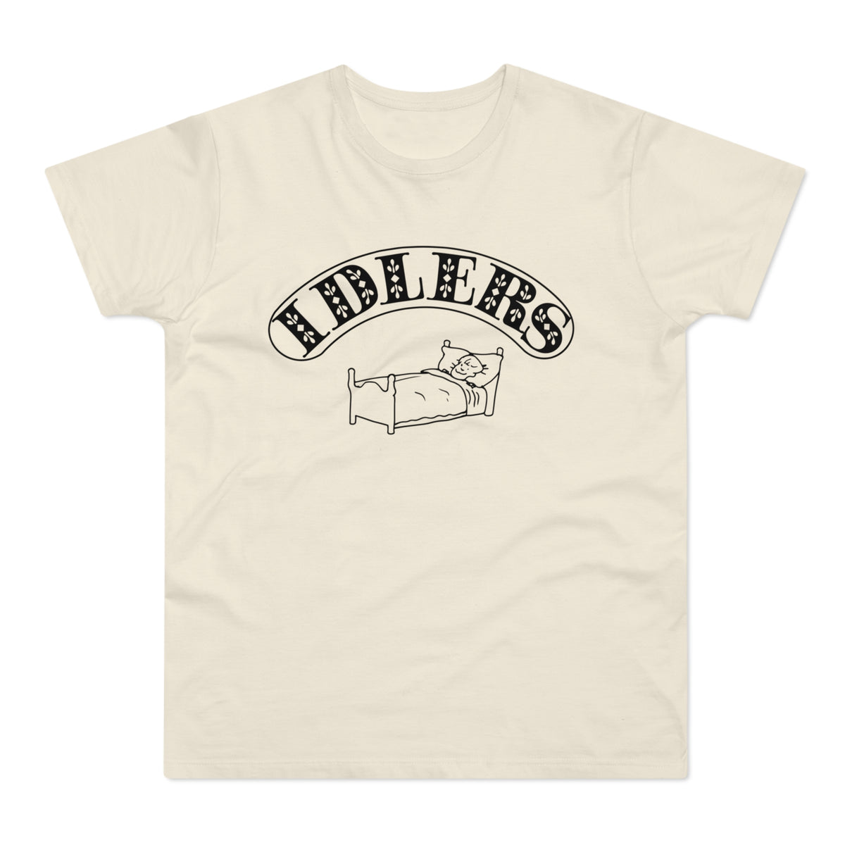 Cream t-shirt with black text and cartoon cat sleeping in a bed.