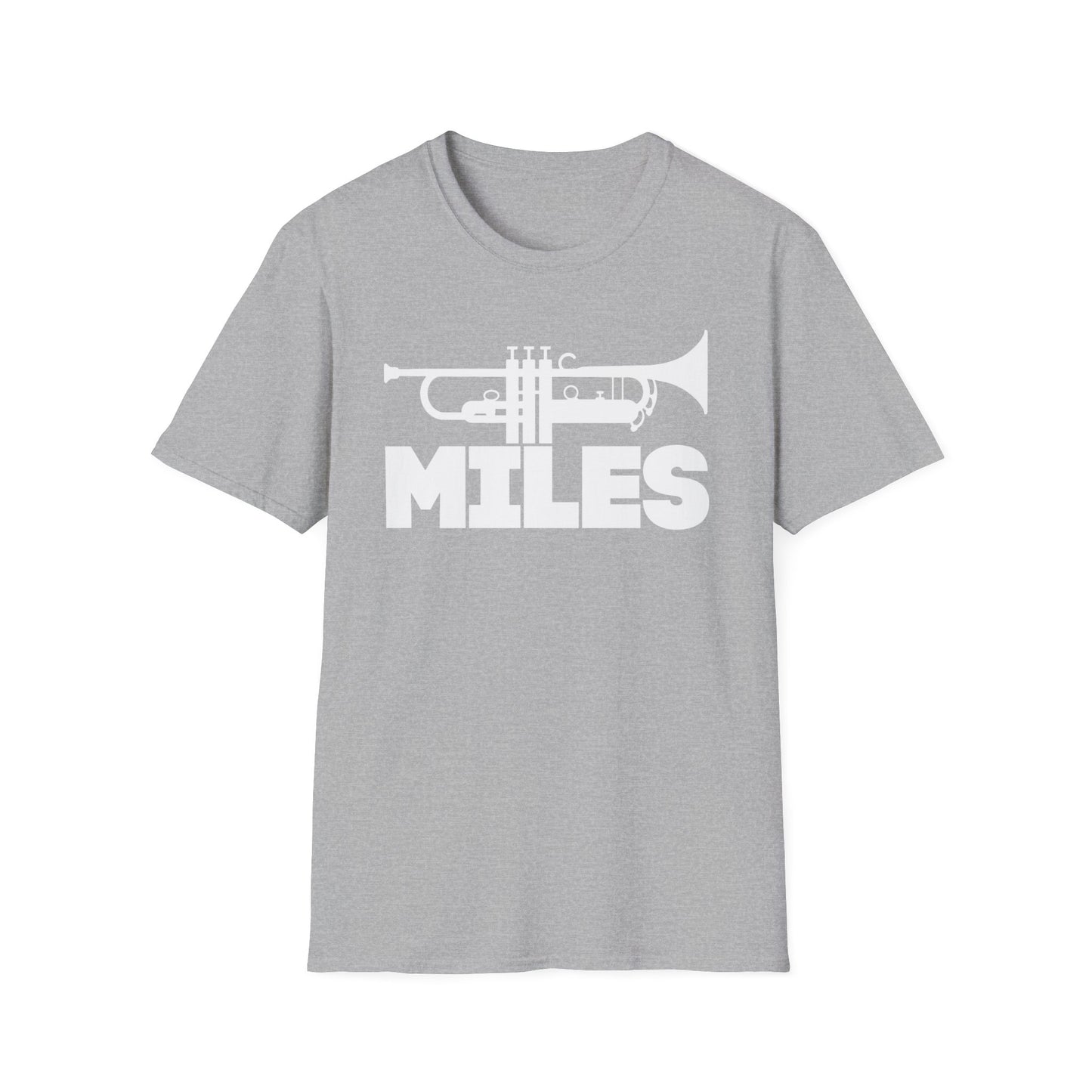 Grey t-shirt with white trumpet graphic and "MILES" text.
