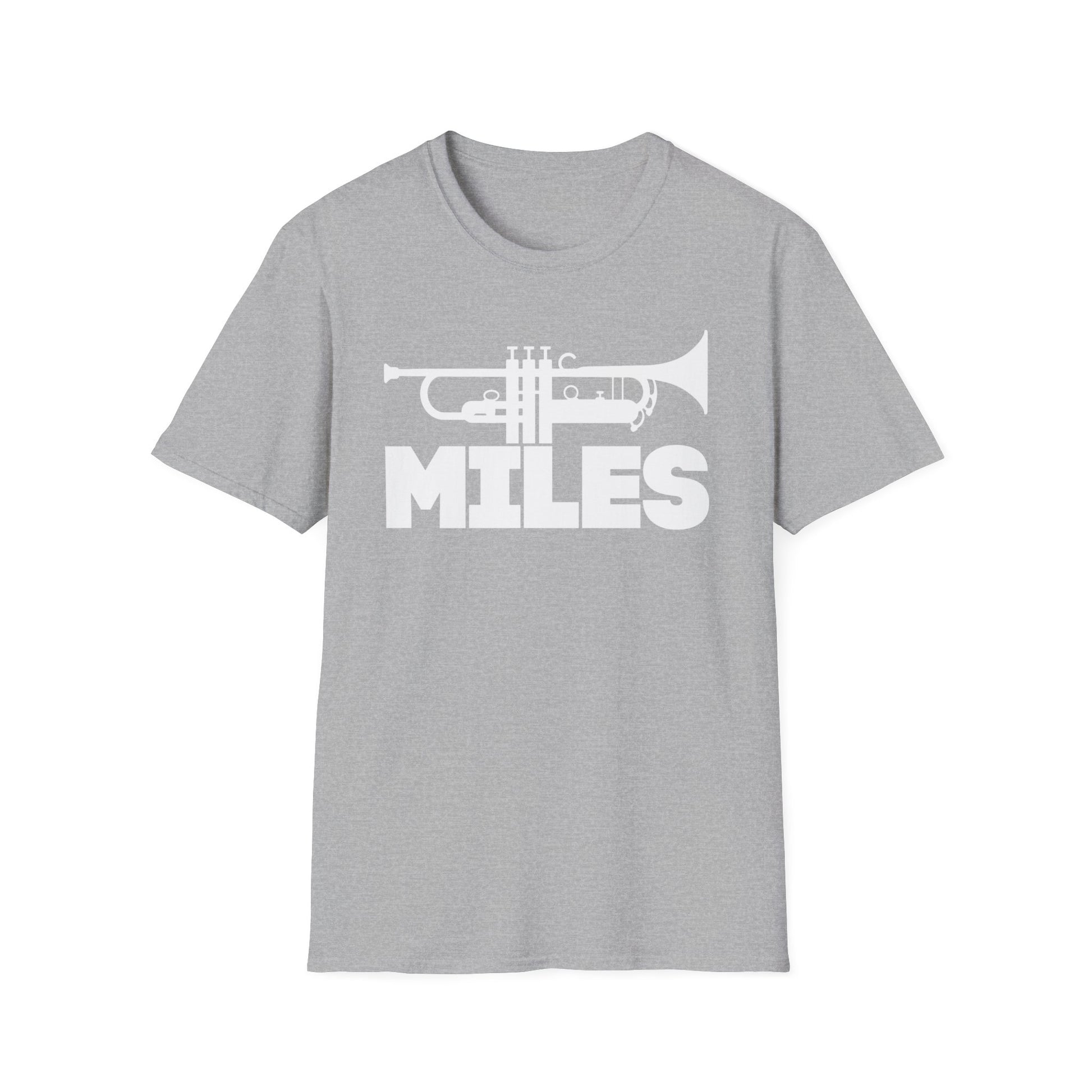 Grey t-shirt with white trumpet graphic and "MILES" text.