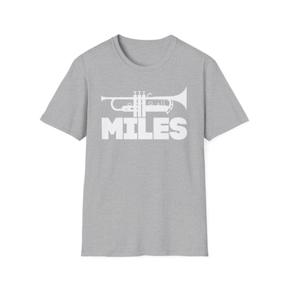 Grey t-shirt with white trumpet graphic and "MILES" text.