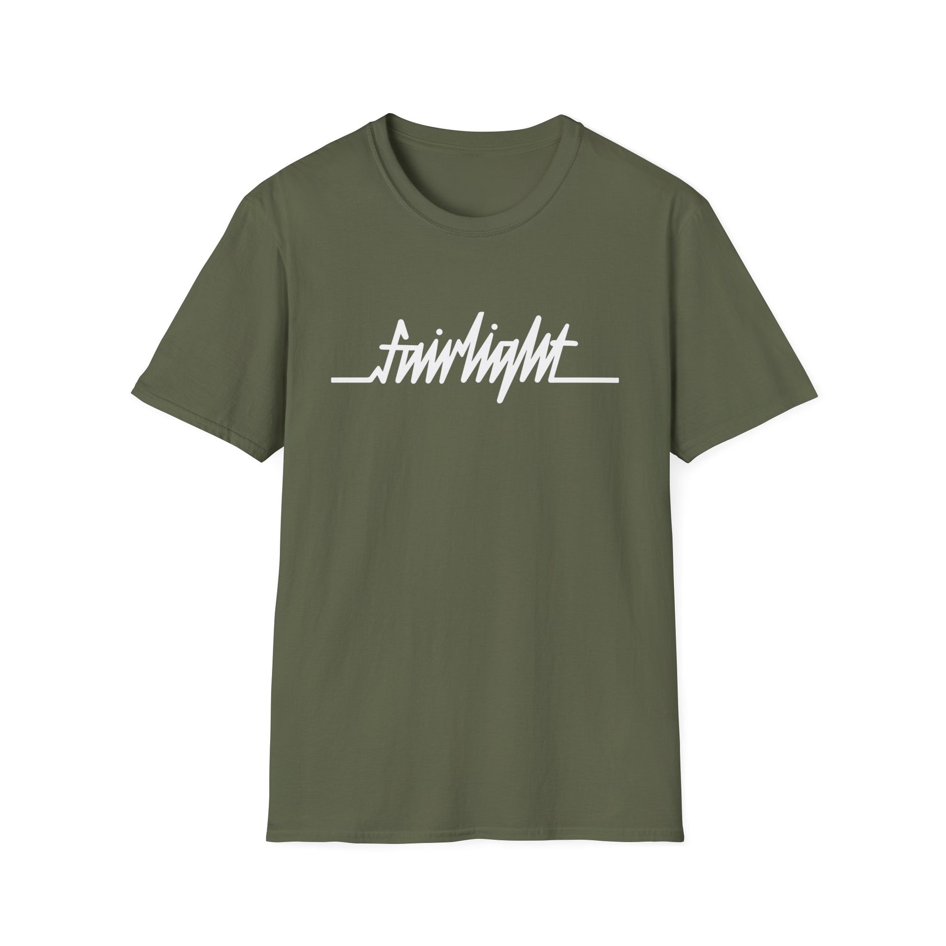 Olive green t-shirt with white "fairlight" text overlay.