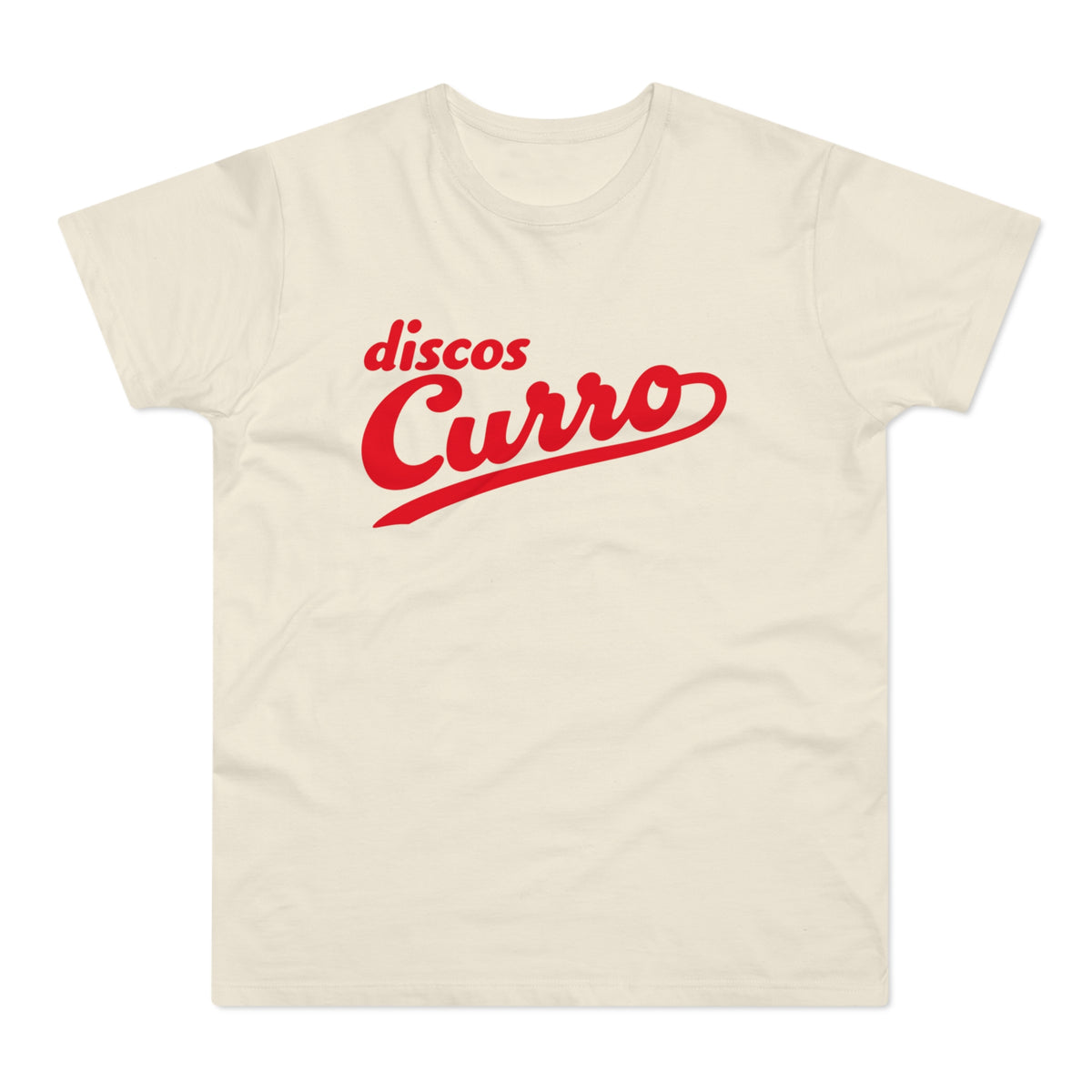 Cream t-shirt with red "discos Curro" text in cursive script.