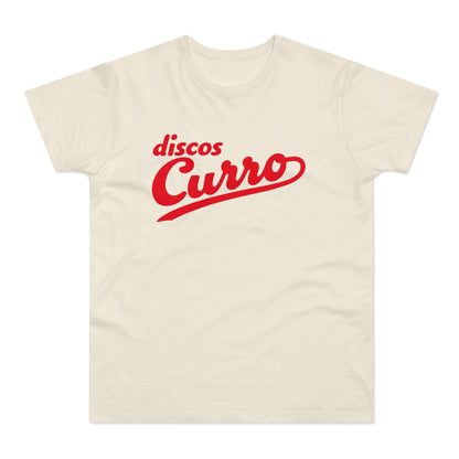 Cream t-shirt with red "discos Curro" text in cursive script.