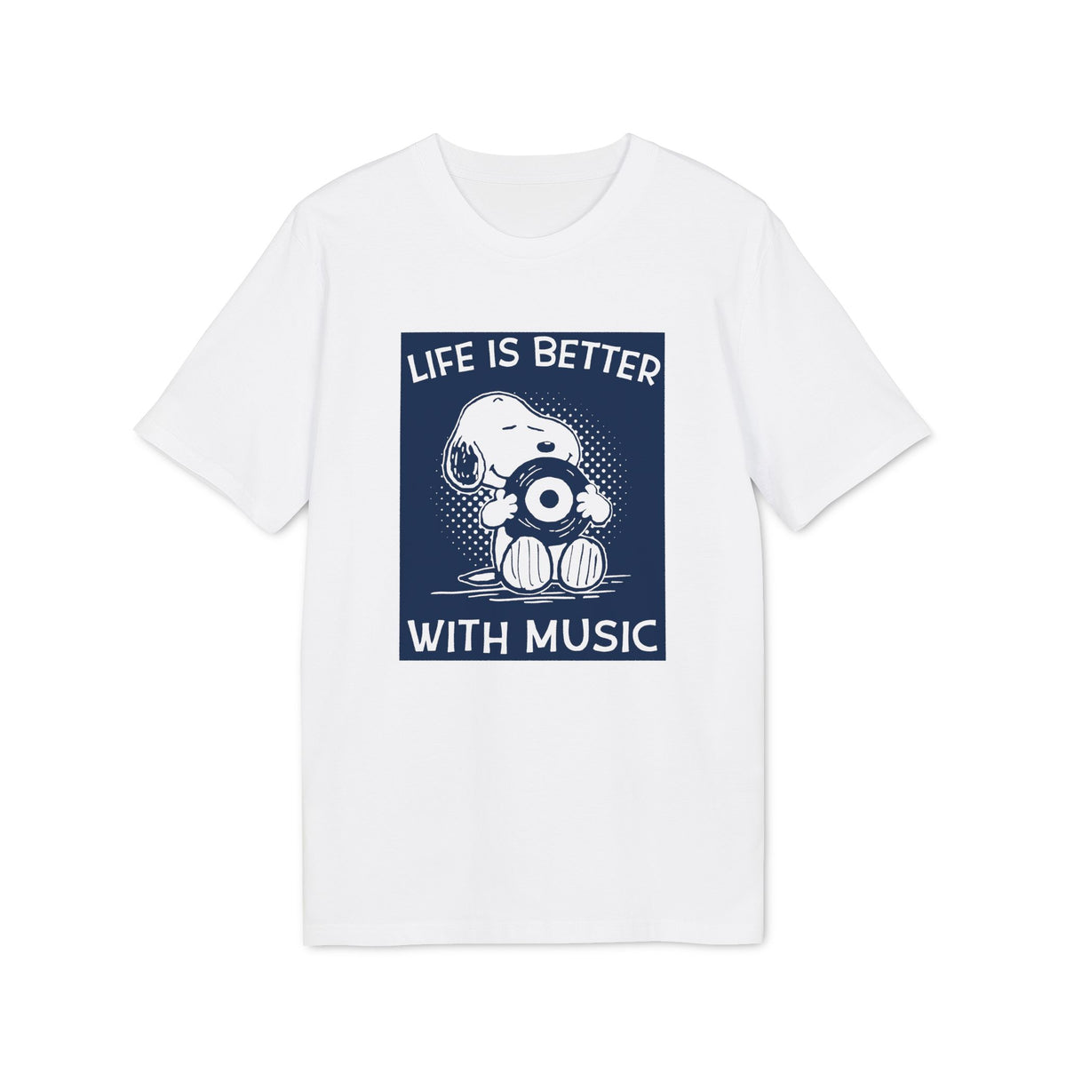 A white short-sleeve t-shirt features a navy blue graphic of Snoopy holding a vinyl record, with text reading "Life is better with music."