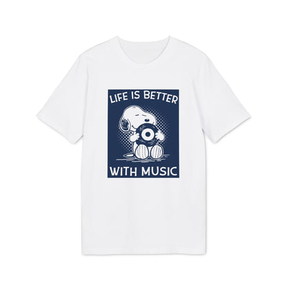 A white short-sleeve t-shirt features a navy blue graphic of Snoopy holding a vinyl record, with text reading "Life is better with music."