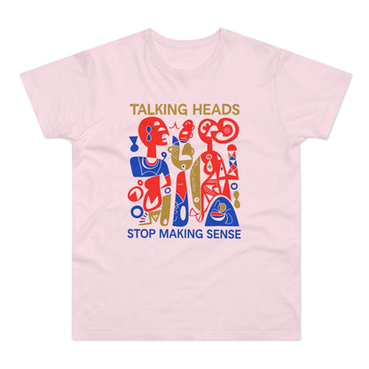 Talking Heads Stop Making Sense light pink t-shirt with abstract figures.