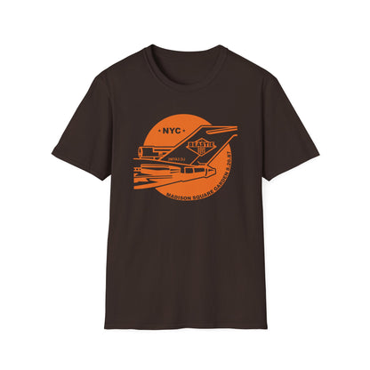 Brown t-shirt with "NYC" graphic and Madison Square Garden 8.20.87 text.