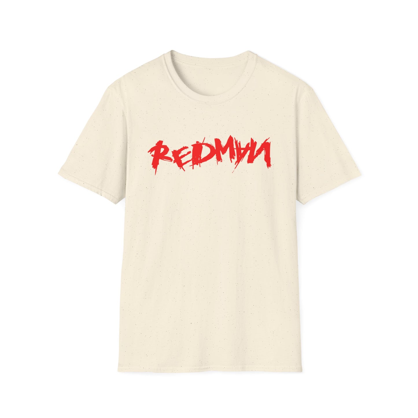 Natural colored t-shirt with red "REDMAN" text graphic on chest.