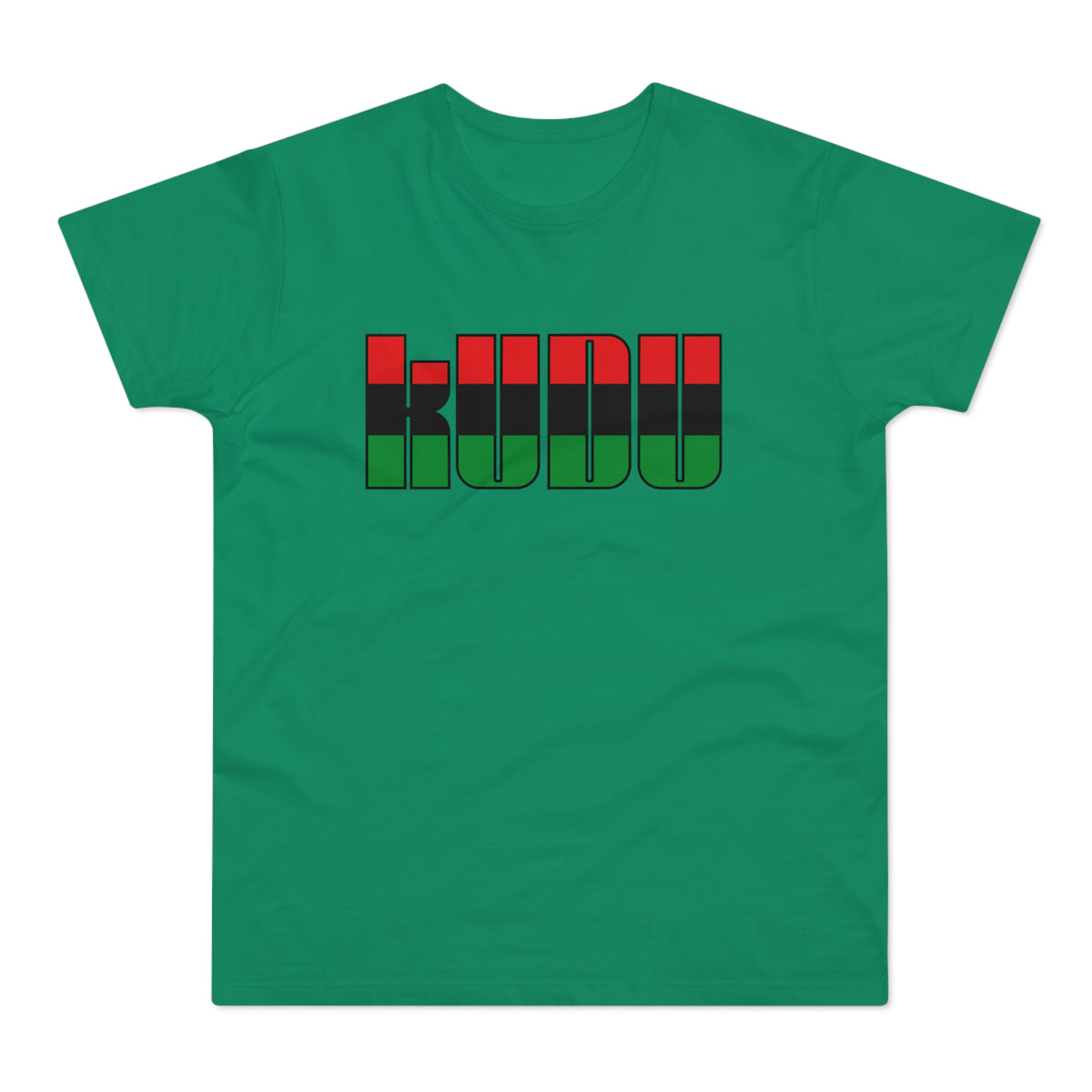 Green t-shirt with bold red, black, and green letters spelling "KUUDU".