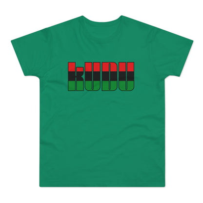 Green t-shirt with bold red, black, and green letters spelling "KUUDU".